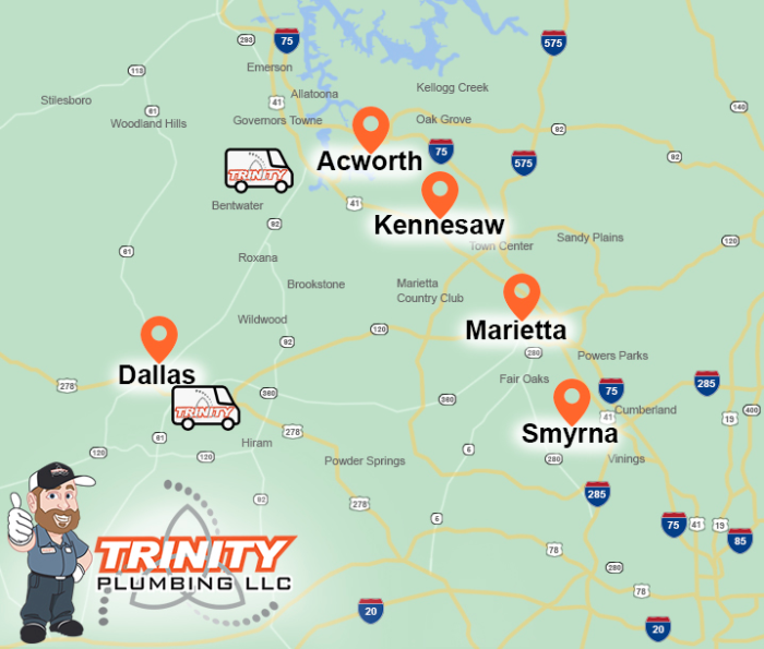 Trinity Plumber Local Plumber Service Area Map Acworth Dallas Kennesaw Marietta Smyrna